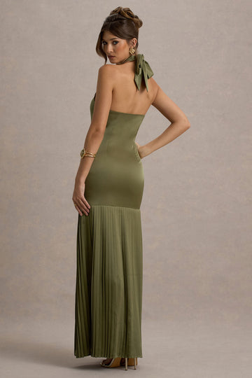 Sansa Khaki Satin Cross Halter-Neck Plisse Maxi Dress